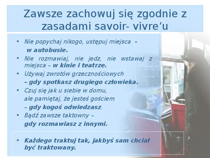 Niebieska kartka z wymienionymi zasadami savoir vivre